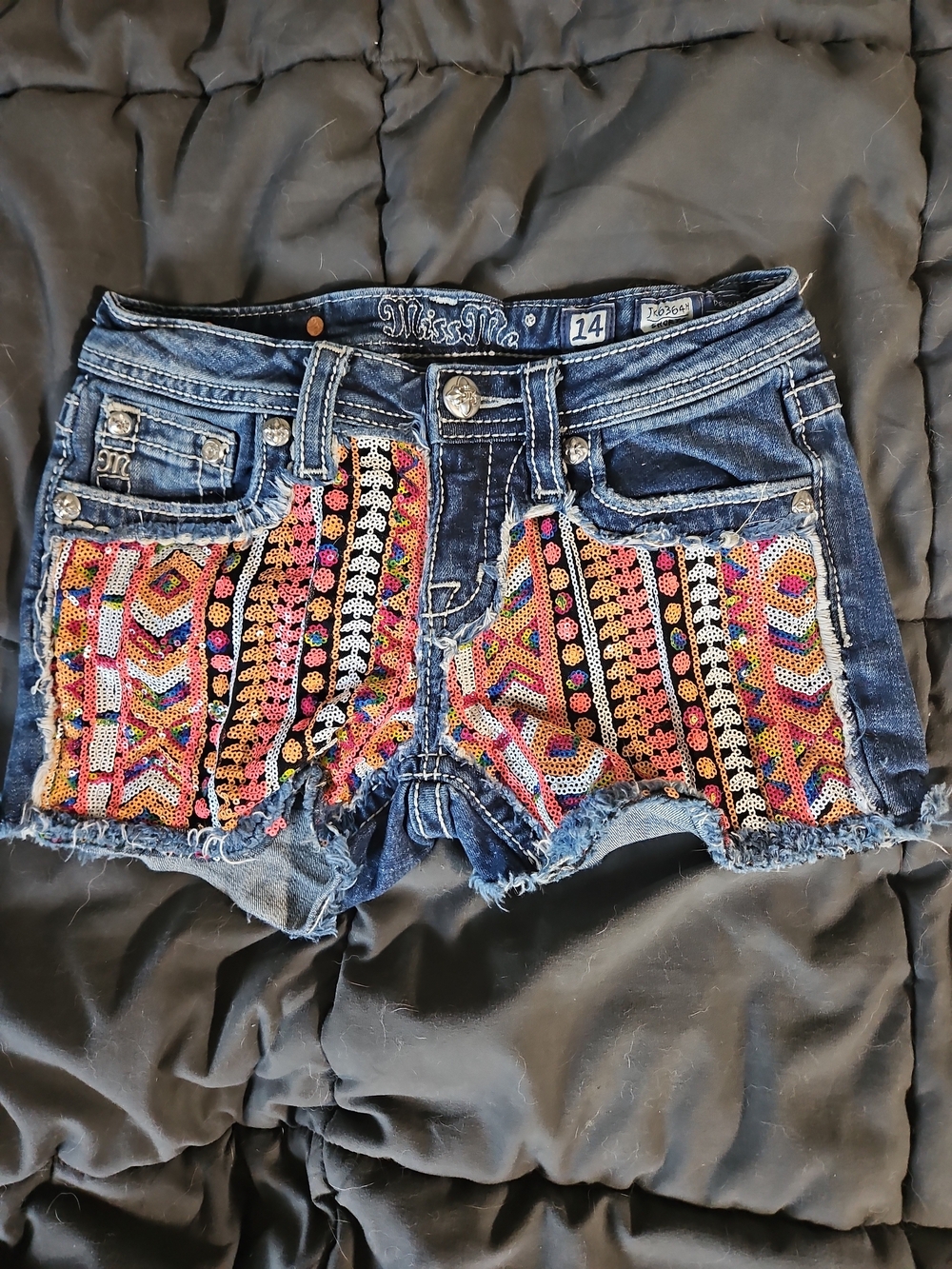 Miss Me Blue Denim Shorts with Multi-Color Sequin Panels JK6364H